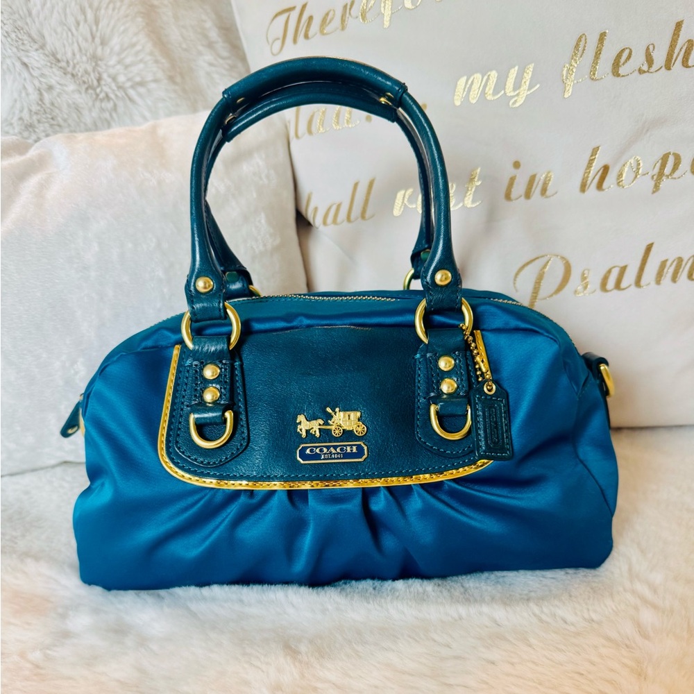 Coach Amanda Satin Teal Blue Bag with Gold Accents. Beautiful! EUC